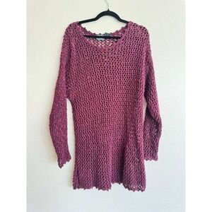Vintage Lizwear Burgundy Open Knit Crochet Tunic Sweater Y2K M Boho Coastal